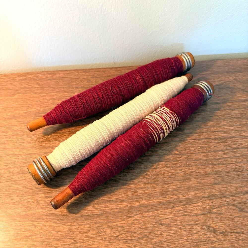 Vintage Wooden Textile Mill Bobbins Spindles Industrial 2 Maroon 1 White Thread